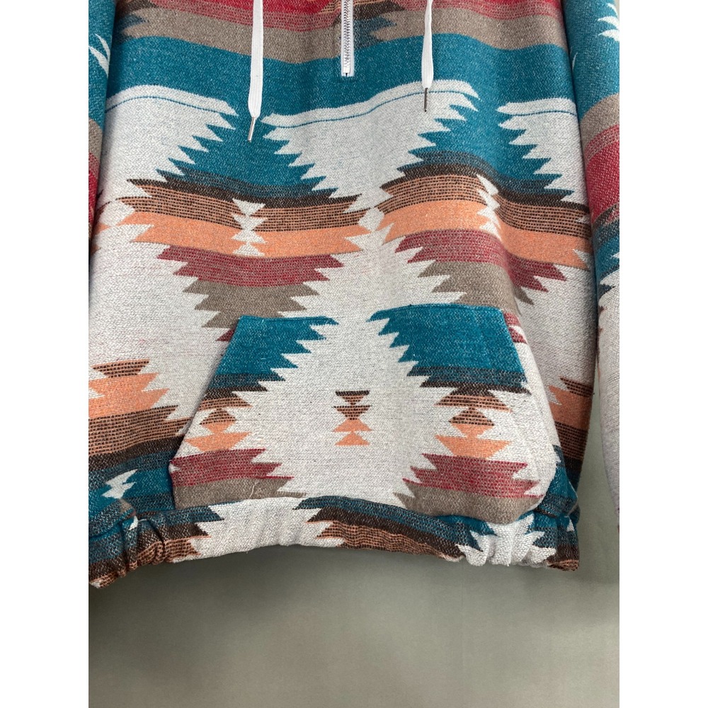 Women's Hoodie XL Southwestern Aztec Teal Rust Quarter Zip Pullover Cotton Blend - Picture 5 of 11